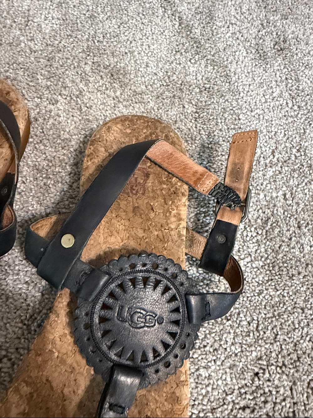 UGG Black Leather Cork Thong Sandals with Decorative Medallion - Picture 3 of 7
